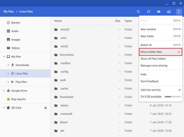 iTunes on Chromebook - File Explorer, show Hidden Files