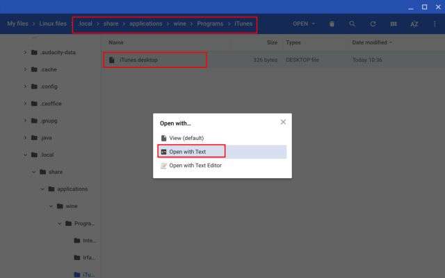 iTunes on Chromebook - Open with Text Editor