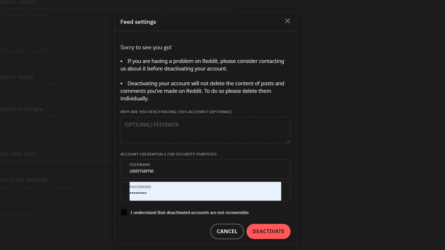 Delete Your Reddit Account: Deactivate option