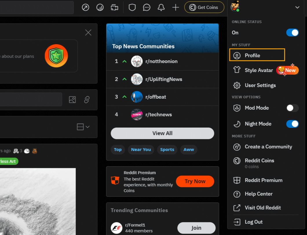 Delete Your Reddit Posts and Comments: Profile option