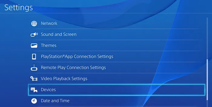 Reset PS4 Controller: Devices option in PS4 Settings Menu