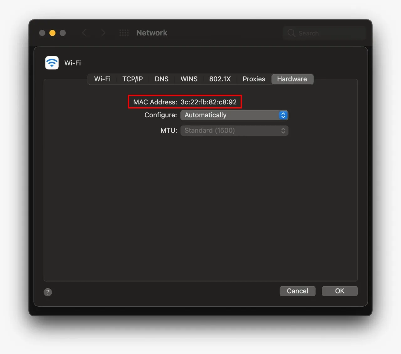 How to Find Mac Address and IP Address on macOS: Mac Address in Hardware Tab