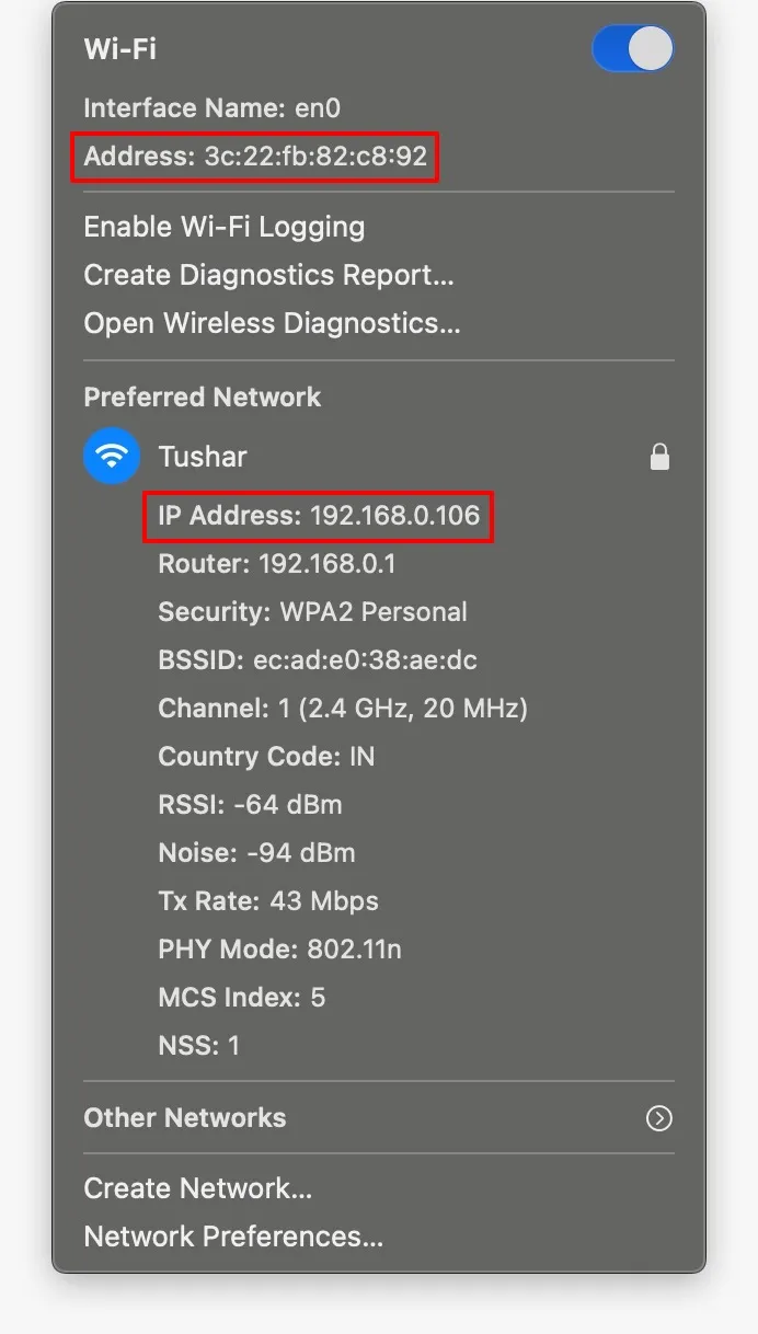 How to Find Mac Address and IP Address on macOS: Hold Opt and Click on WiFi