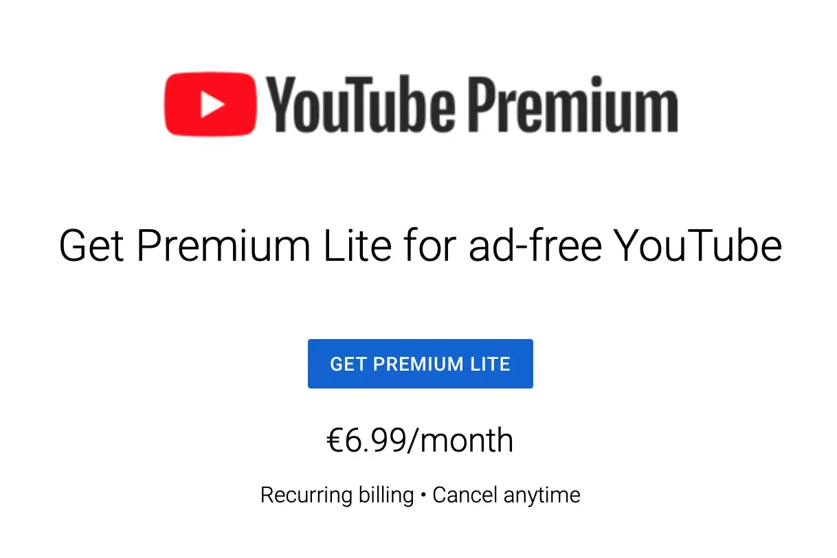 YouTube Premium Lite Subscription plan