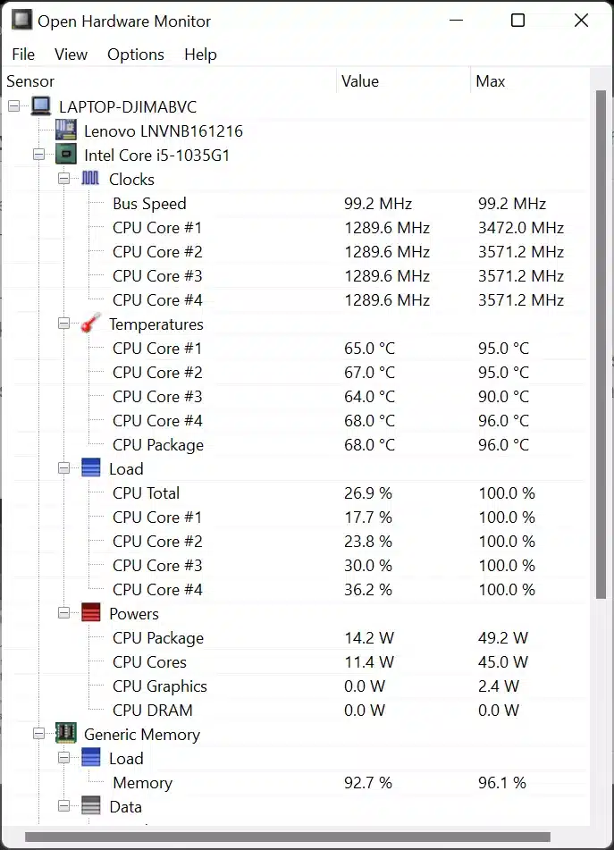 CPU Temperature: Open Hardware Monitor