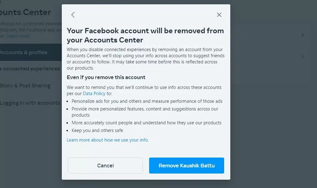 Click Remove [Your Facebook name] to unlink Facebook from Instagram