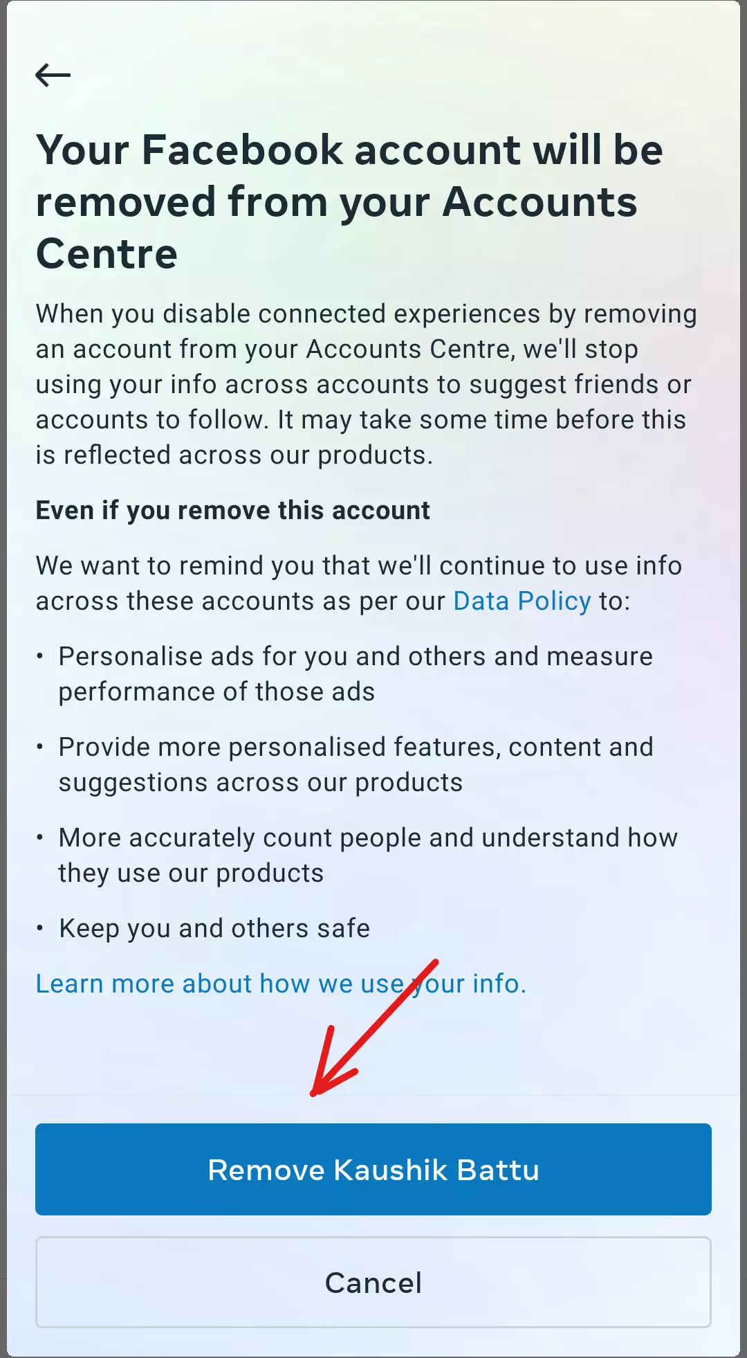 Tap on Remove to disconnect Facebook and Instagram