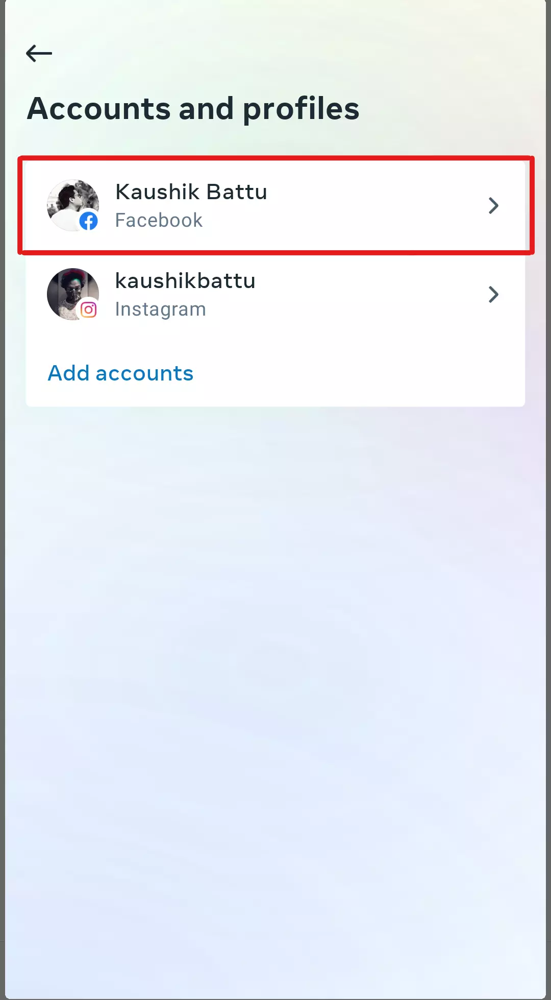 Select the account to unlink Facebook and Instagram