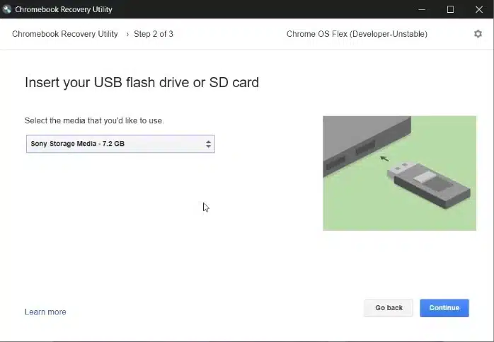 Select the storage device for booting Chrome OS Flex
