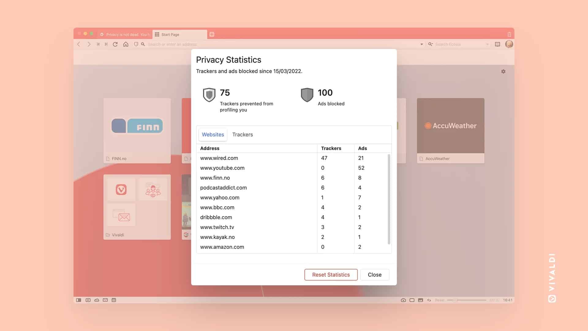 Vivaldi 5.2: Privacy Statistics