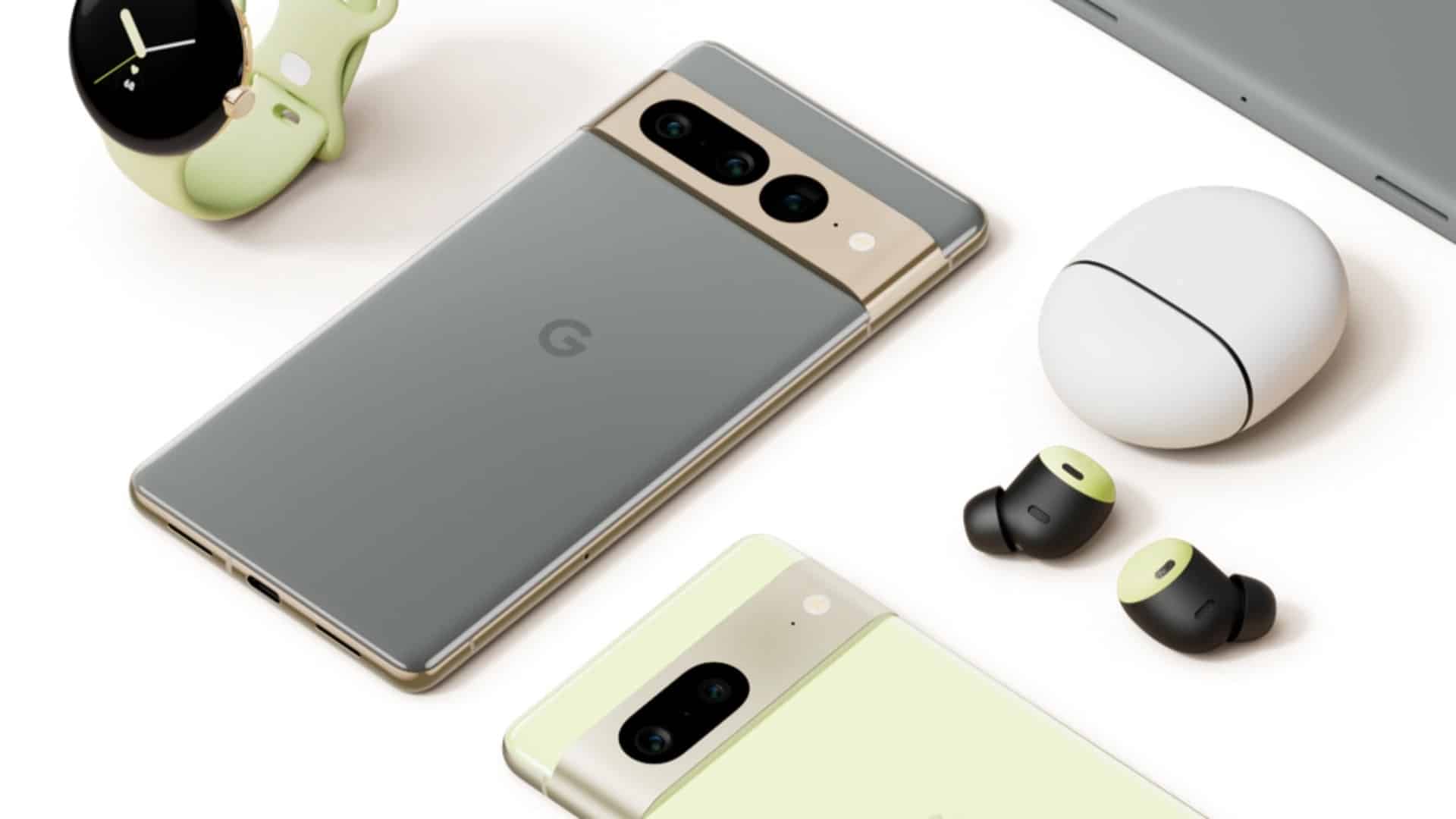Pixel 7 Pro along with Pixel 7, Pixel Buds, and Pixel Watch placed on table.