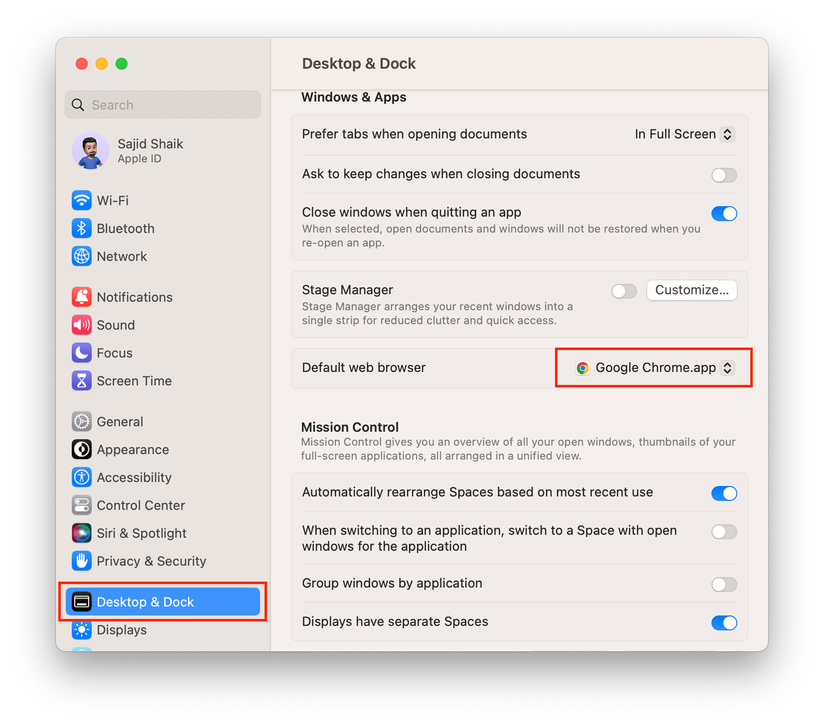 Change default web browser from System Settings, Display & Dock, and then select your default browser for your Mac.