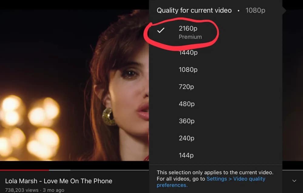 4K video resolution option on YouTube marked as Premium