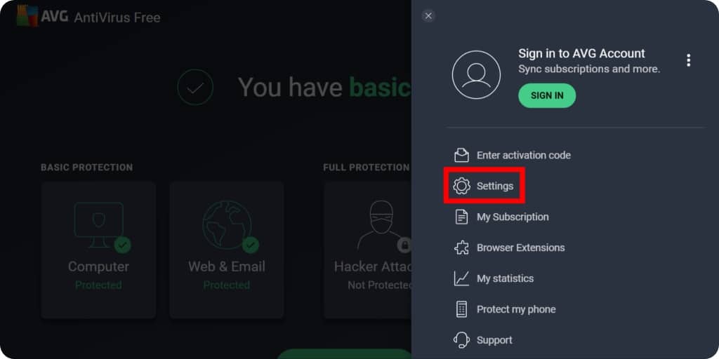Open antivirus' settings
