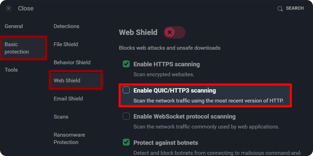 Uncheck QUIC/HTTP3 scanning in antivirus' settings