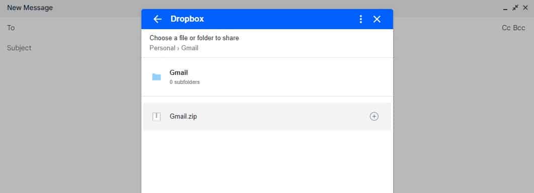 Select the file from the dropbox add-on in Gmail