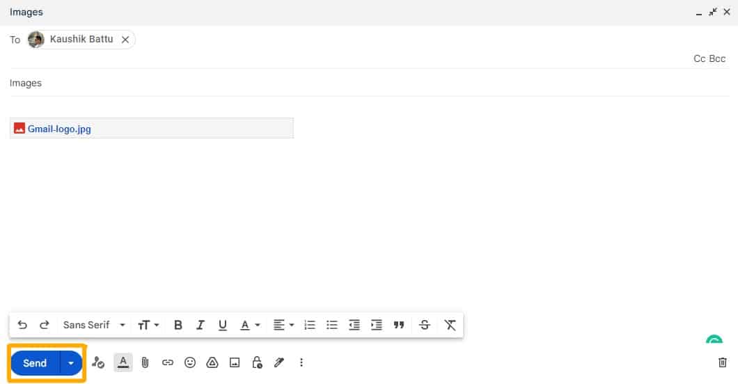 Click on the send button to send large files via Gmail
