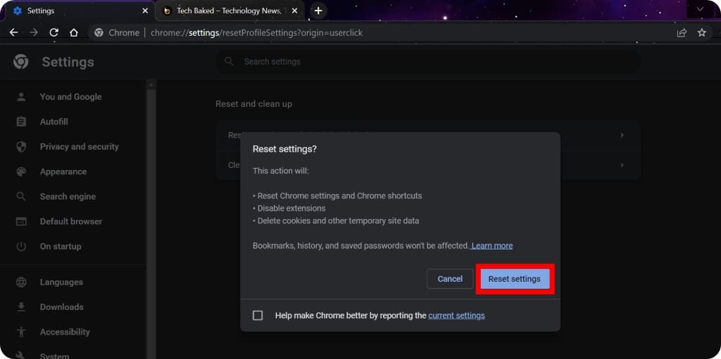 Reset Chrome settings