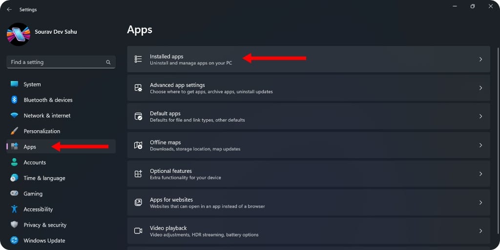Open installed apps in windows' settings
