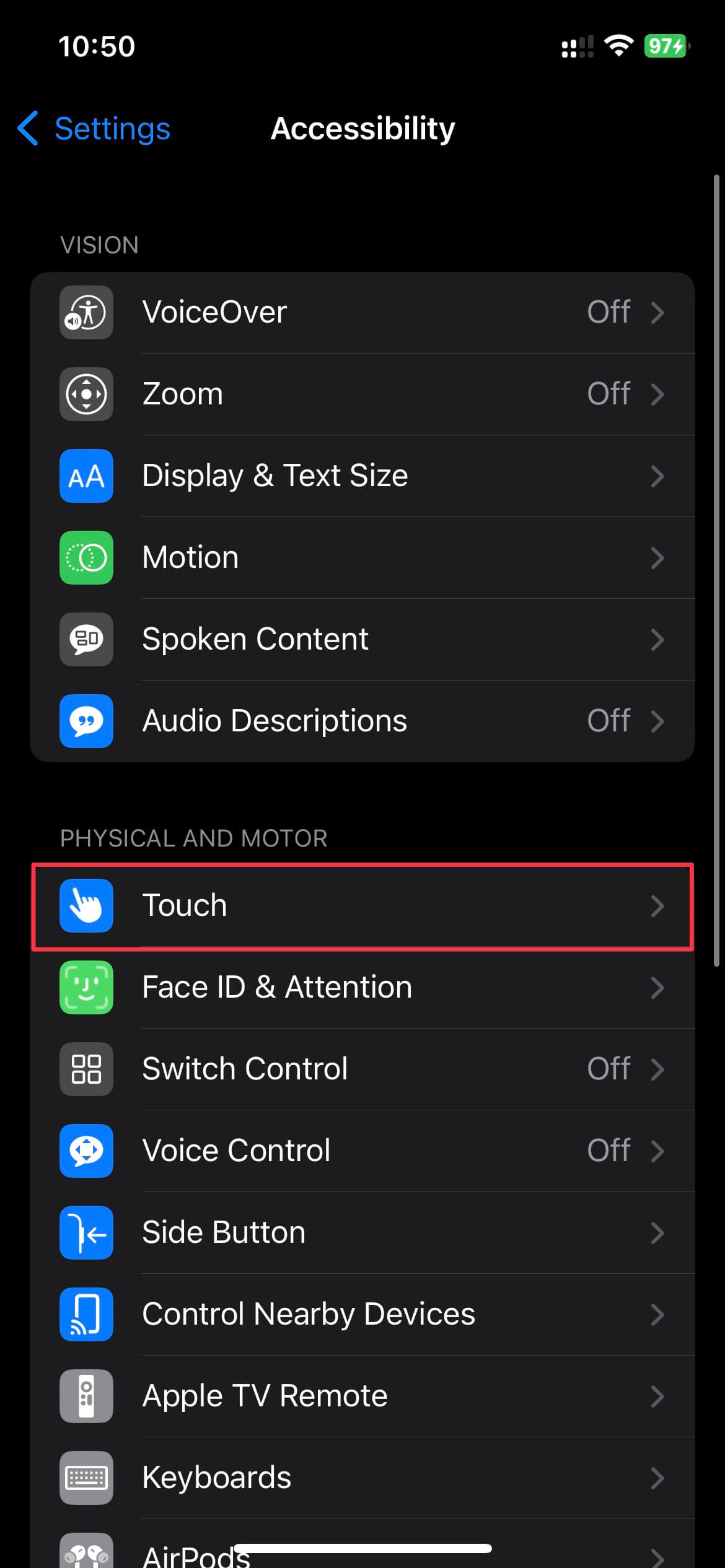 Select Touch under Accessibility settings