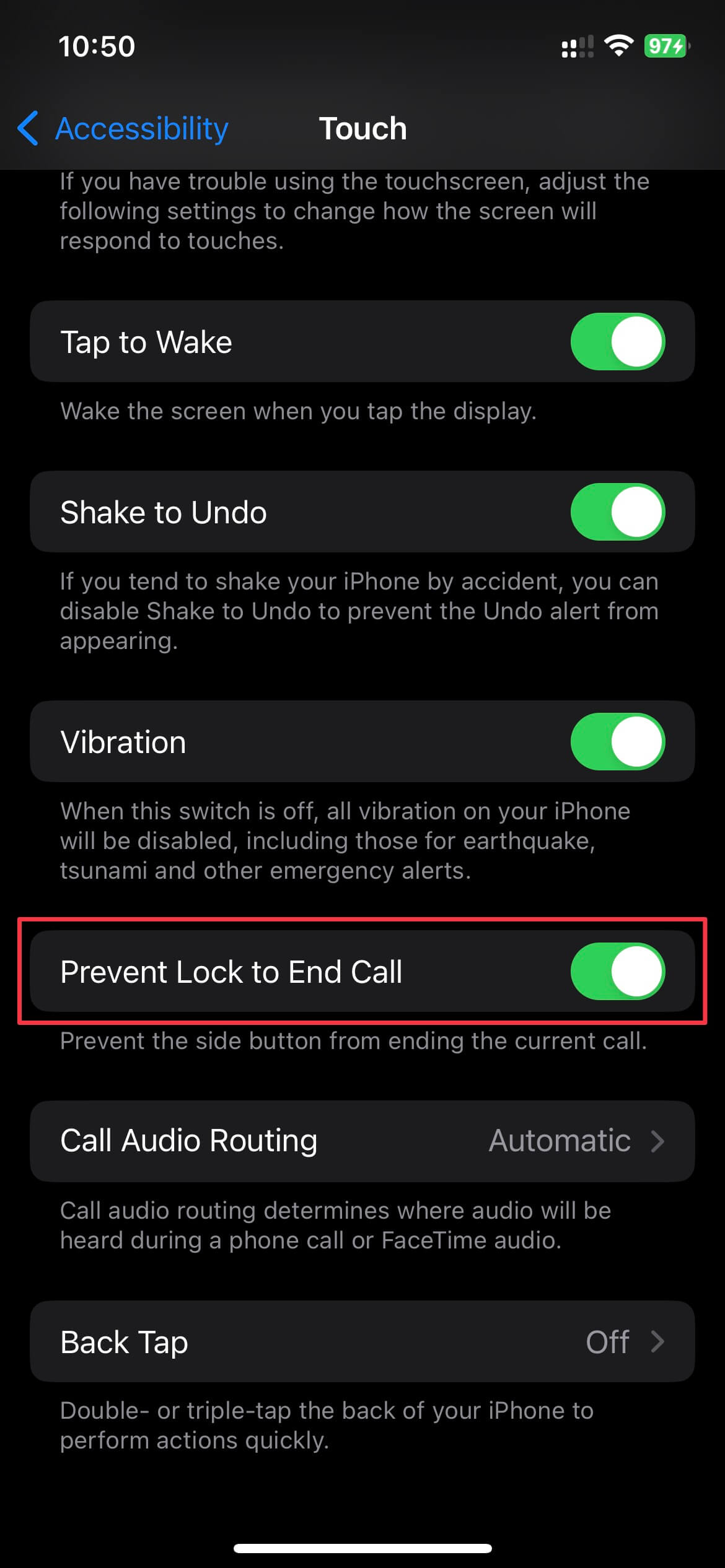 Toggle on Prevent Lock to End Call option under Touch accessibility settings