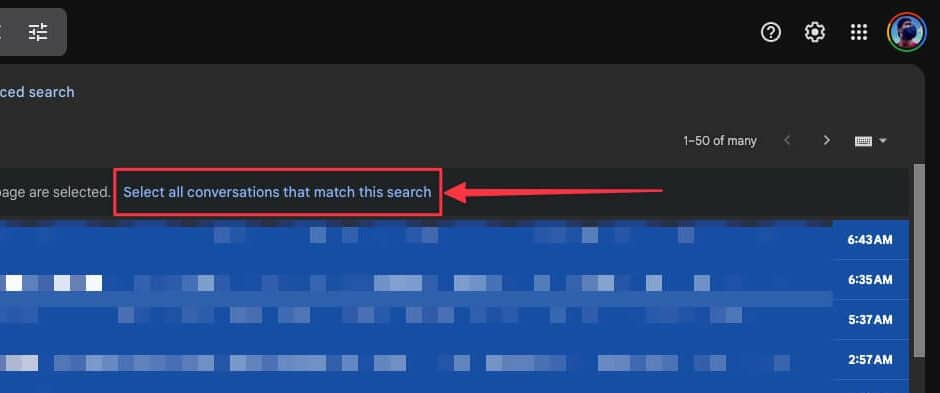 Click Select all emails that match this search option