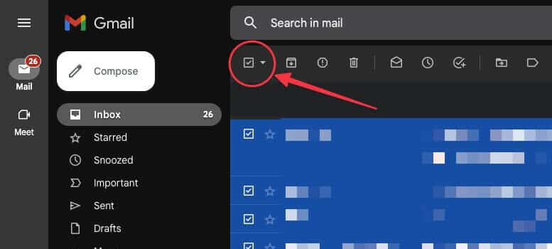 Tick the box to Select conversations in Gmail
