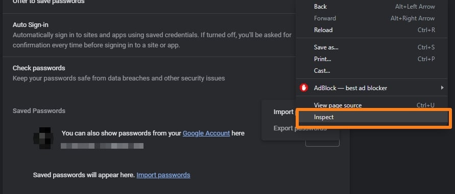 Right Click on Export Passwords and Click Inspect