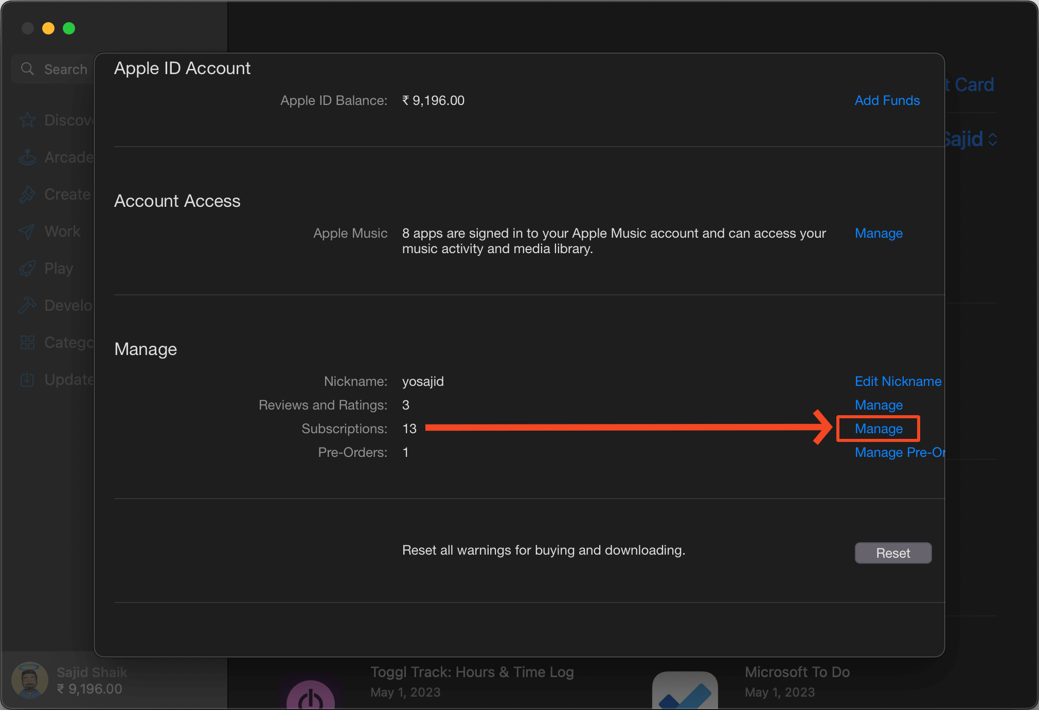 Click Manage next to Subscription under the Manage section
