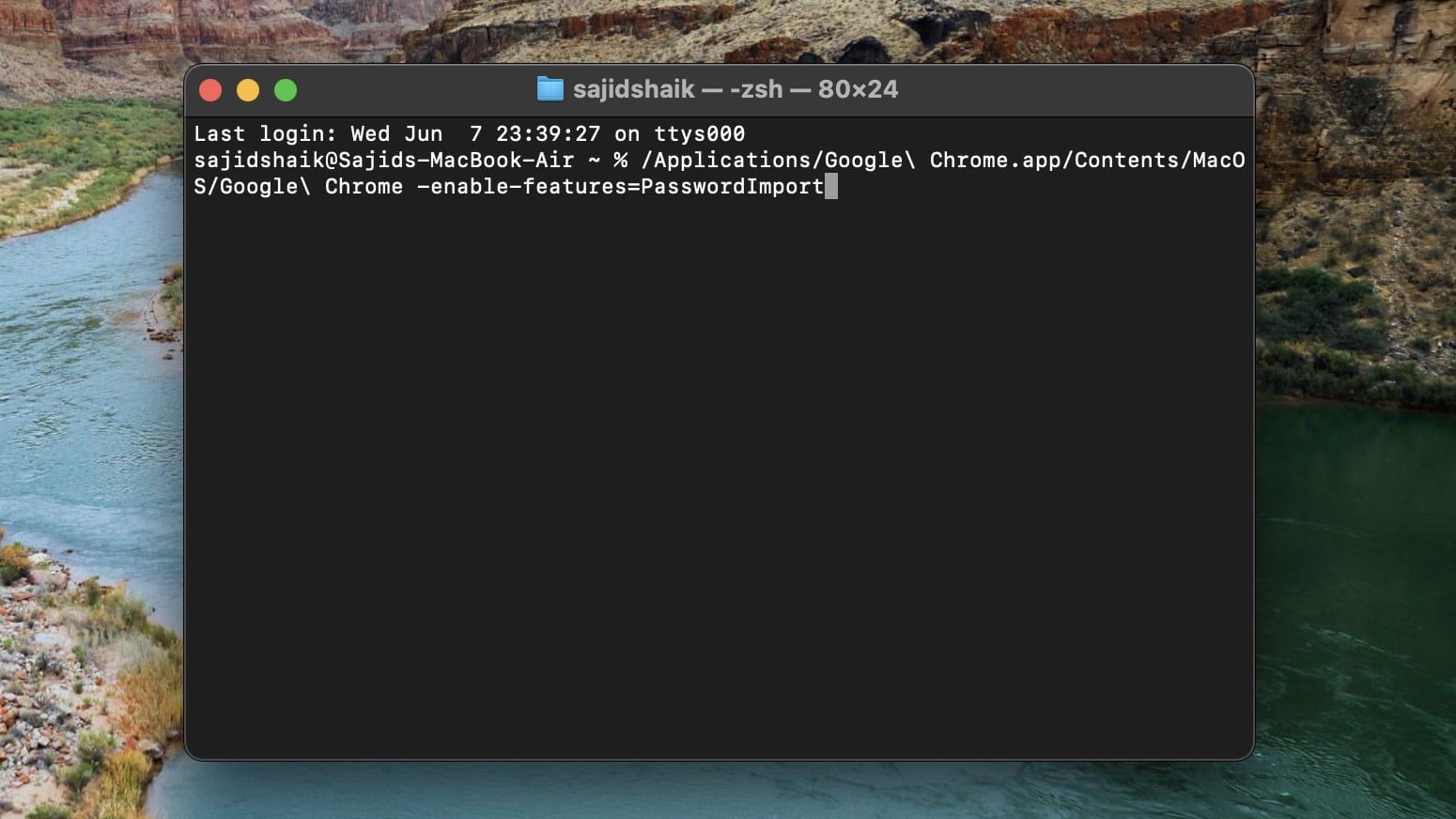 Enter the Terminal command to enable Import Passwords option in Chrome