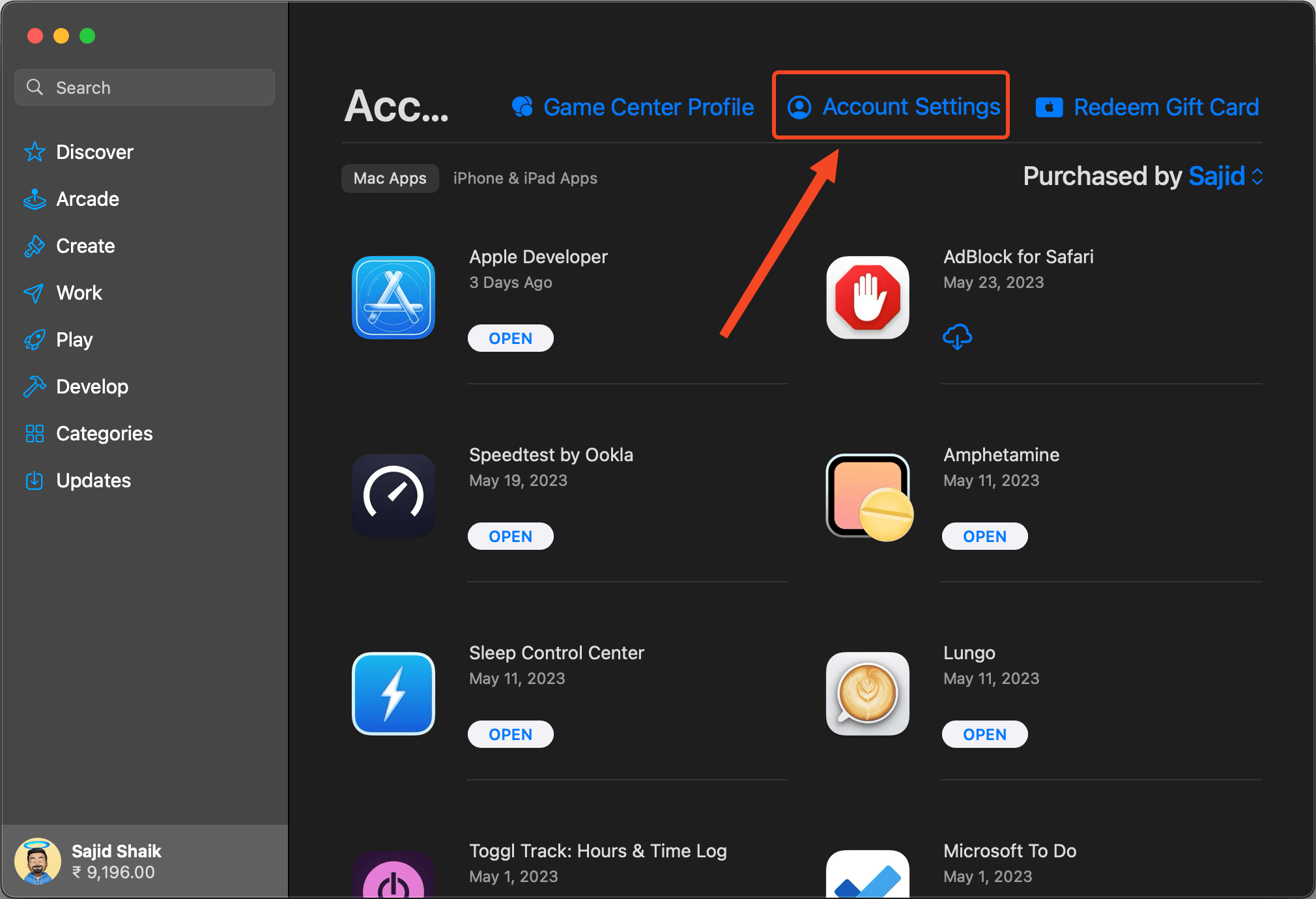 Select Account Settings in Apple ID option on macOS App Store