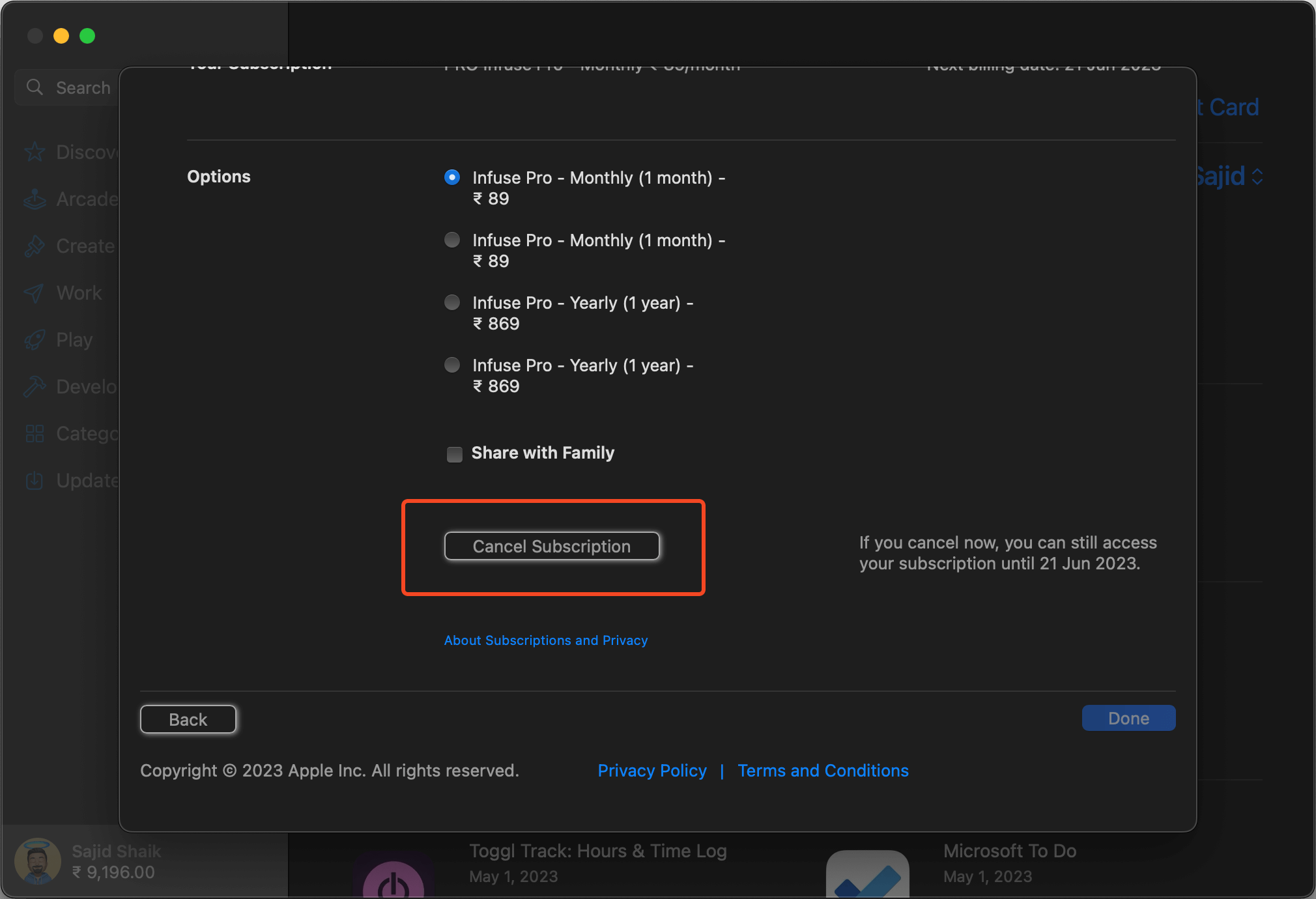 Select Cancel Subscription to cancel your subscription