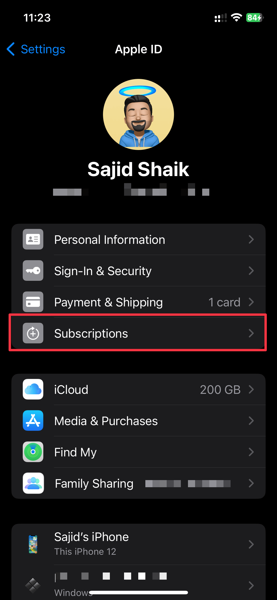 Select Subscriptions in Apple ID Settings on iPhone