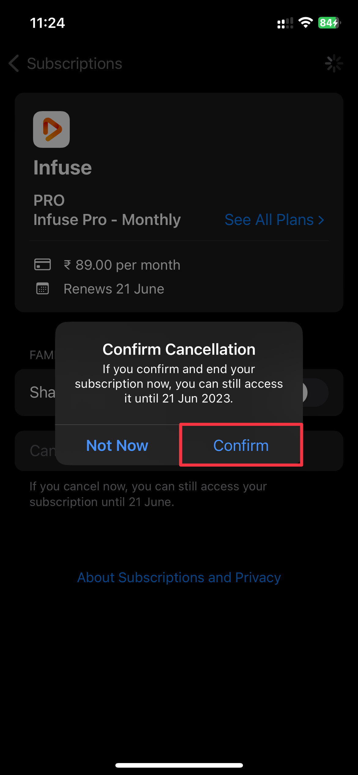 Tap Confirm to cancel the subscription