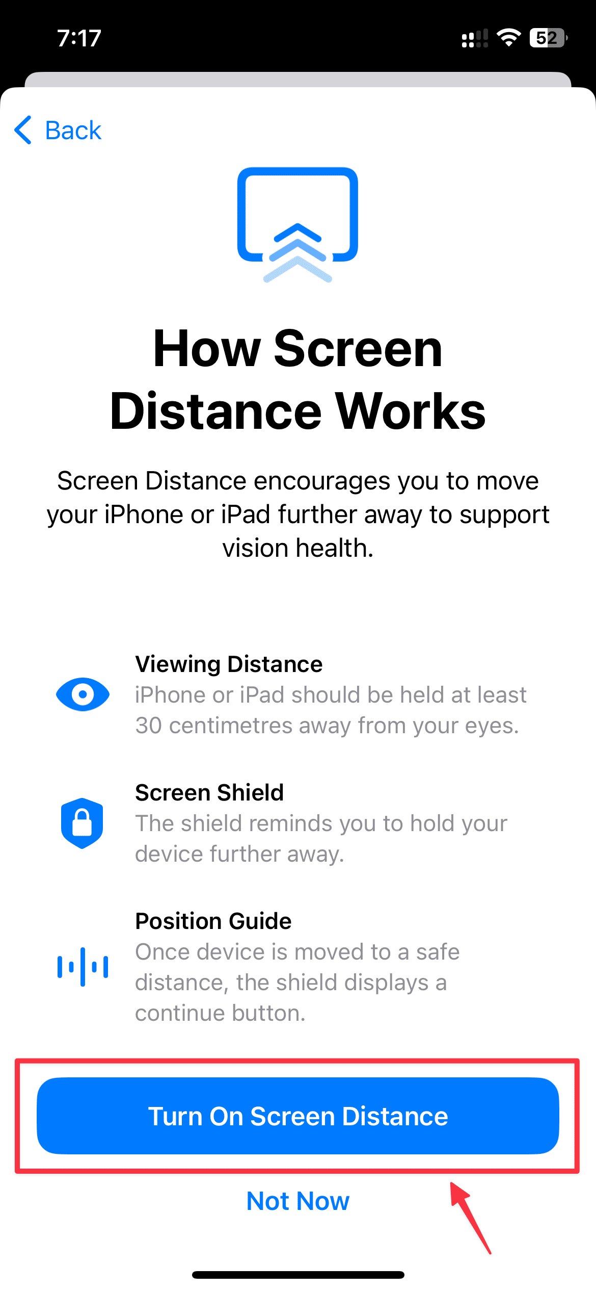Tap Turn On Screen Distance option